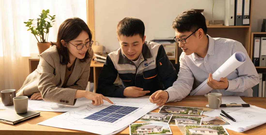 Solar project team planning a PV system